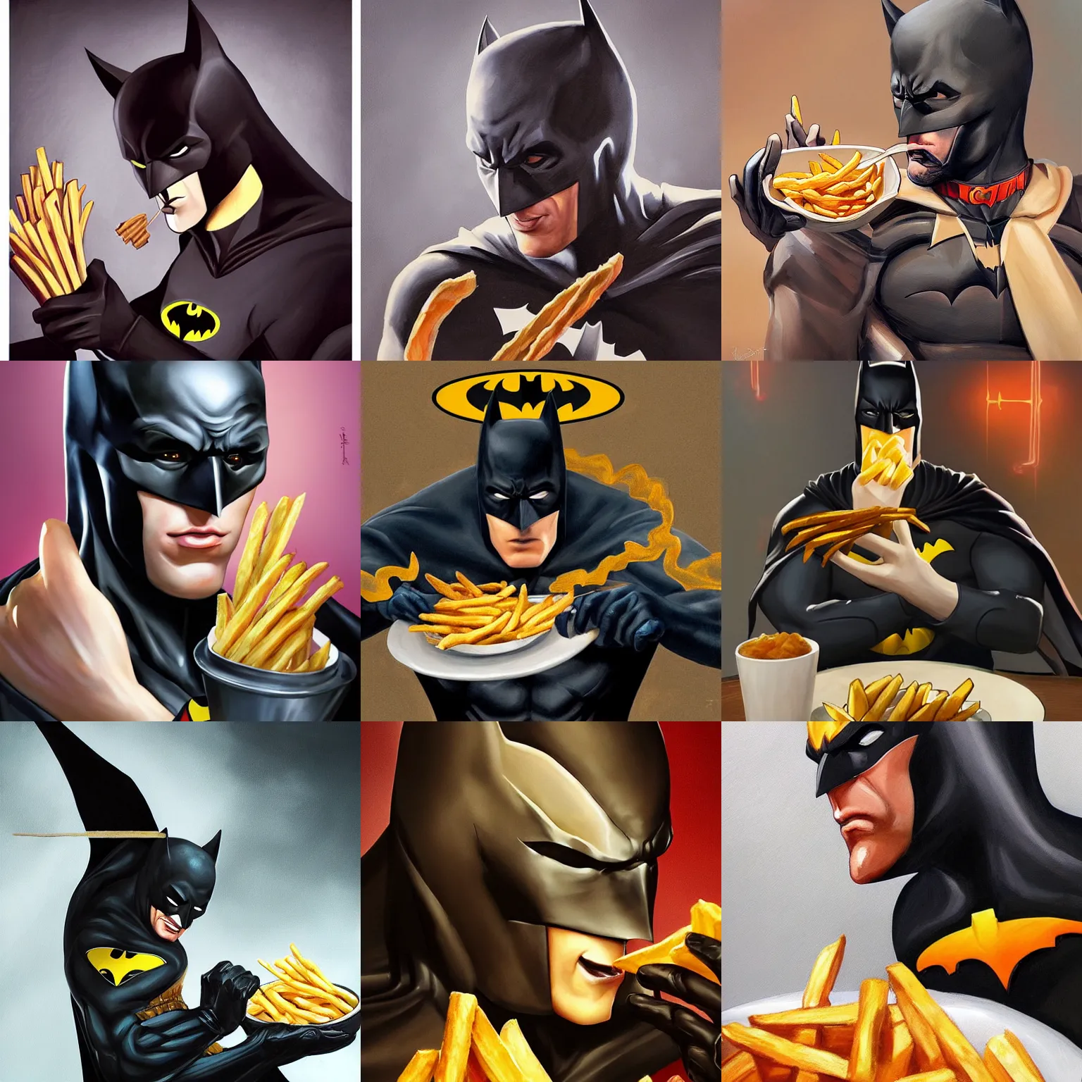 Prompt: beautiful painting of batman eating french fries by eng kilian, highly detailed, digital painting, artstation, concept art, sharp focus