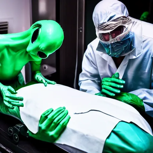 Prompt: Green aliens carrying out an autopsy on a human