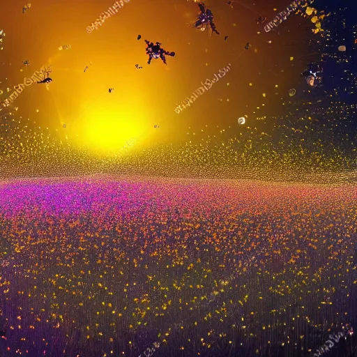Image similar to realistic field of lit up fireflies, swarm, floral, nighttime, wide shot