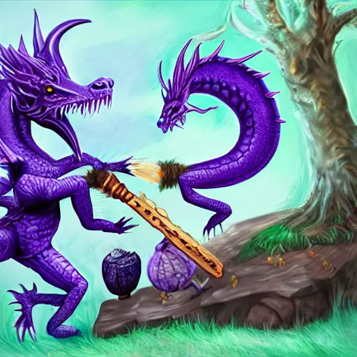 Image similar to purple dragon taming a gnome, fantasy illustration