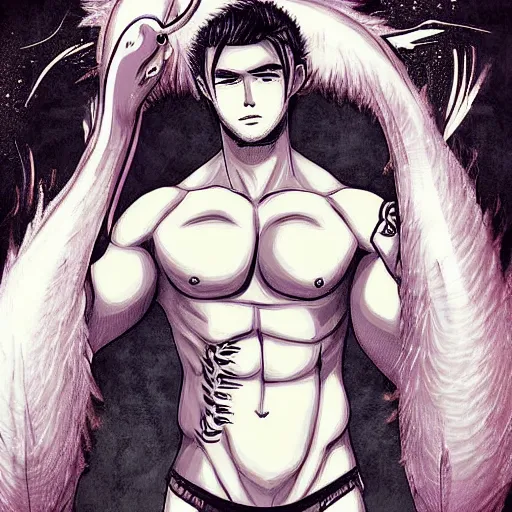 Prompt: anime style digital art shirtless Chris Hemsworth holding a fish, hot, illustration