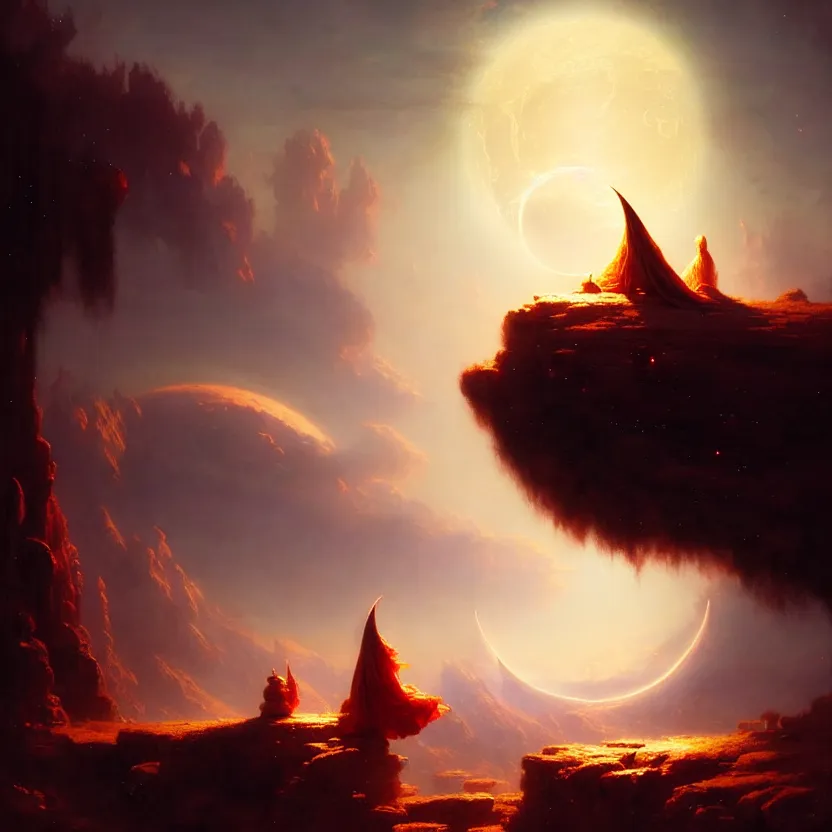 Image similar to giant shining crescent in a magic fluffy persian carpet dimension, by greg rutkowski and gaston bussiere, dim lighting, beautiful volumetric - lighting - style atmosphere, surreal atmosphere, intricate, detailed, photorealistic imagery, artstation