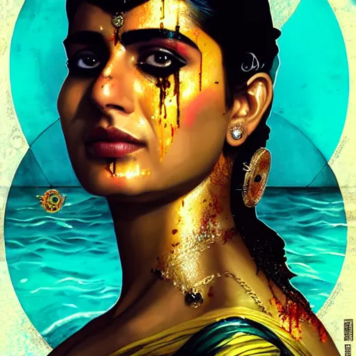 Image similar to portrait of pakistan woman :: side profile :: in ocean :: clockwork details :: gold :: blood and horror :: by marvel and Sandra Chevrier