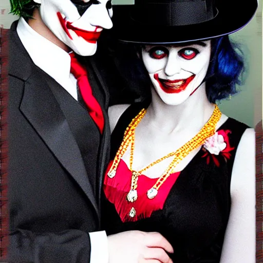 Image similar to the joker wearing a black suit with red tie, wearing a fedora, standing next to a 20's flapper, prom pictures, amateur photography