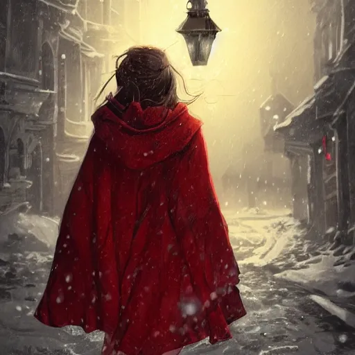 Prompt: girl in red cloak walks through snowy town by lamplight, detailed intricate ink illustration, dark atmosphere, detailed illustration, hd, 4k, digital art, overdetailed art, concept art, by greg rutkowski, by loish, complementing colors, Trending on artstation, deviantart