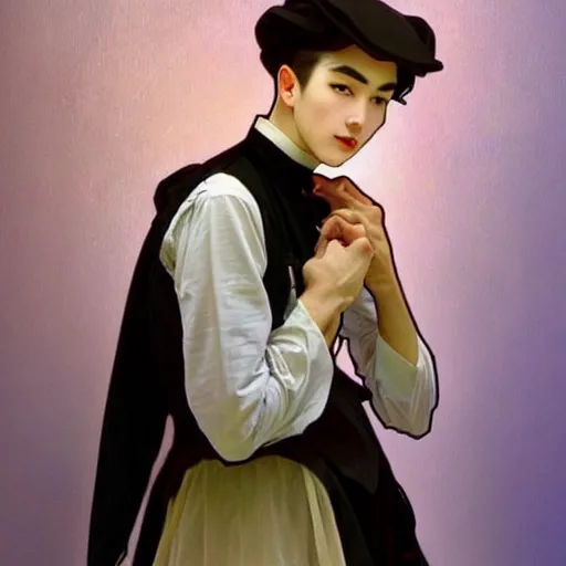 Image similar to full body painting of grumpy handsome thin beautiful young man in his 2 0 s named min - jun in a modest french female maid outfit, modern clothing, elegant, clear, painting, stylized, sharp facial features, pouty, highly detailed, art, art by alphonse mucha, trending on artstation,