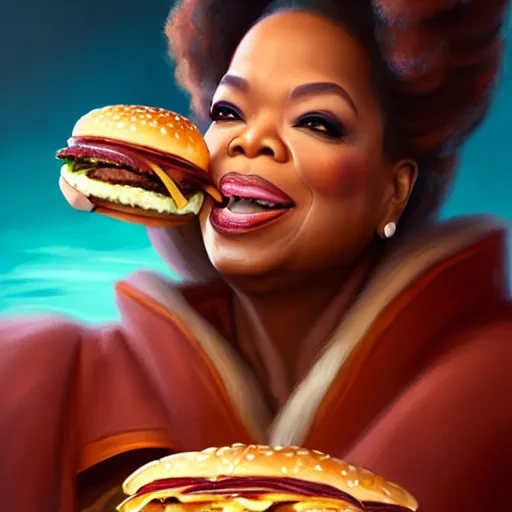 Prompt: Oprah Winfrey Eating Big Macs, dripping BBQ Sauce, serving burgers, D&D, fantasy, intricate, elegant, highly detailed, digital painting, artstation, concept art, matte, sharp focus, illustration, hearthstone, art by Noah Bradley