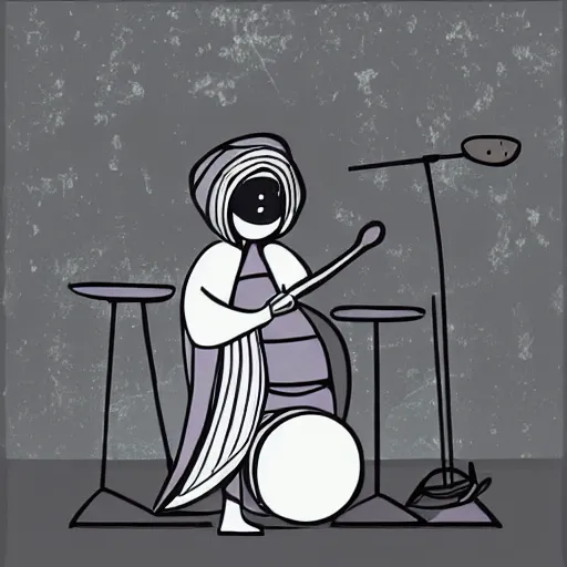 Image similar to a babushka playing drums on a stage, the drums look like giant muffins, digital art