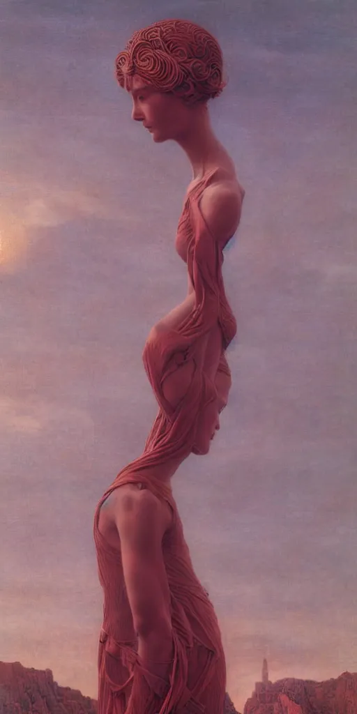 Image similar to Woman masterpiece, red, golden halo behind her head, by Edgar Maxence and Ross Tran, Zdzisław Beksiński, and Michael Whelan, distant, gustav dore, H.R. Giger, 8k, octane render