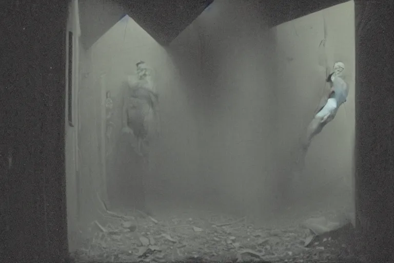 Prompt: ominous cursed gritty daguerreotype of a poltergeist entity peeking our the corner of an endless narrow derelict apartment hallway maze. arms reaching through the walls. ( 1 9 9 0 ) weirdcore, liminal space, the backrooms, 3 d octane render, wayne barlowe, beksinski