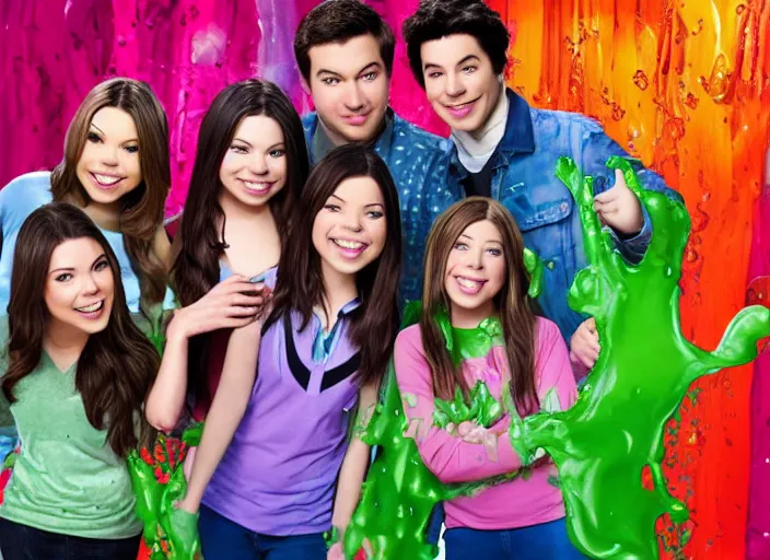 Image similar to the episode of iCarly where everyone gets covered with nickelodeon slime hd
