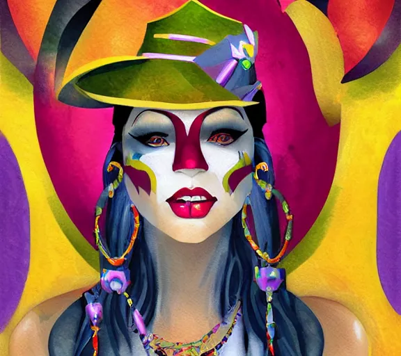 Prompt: beautiful female character inspired by new orleans mardi gras and cubism vampire bounty hunter | | digital artwork made by greg rutswork, anna dittmann and lois van barlee, symmetrical rim light, anatomically correct