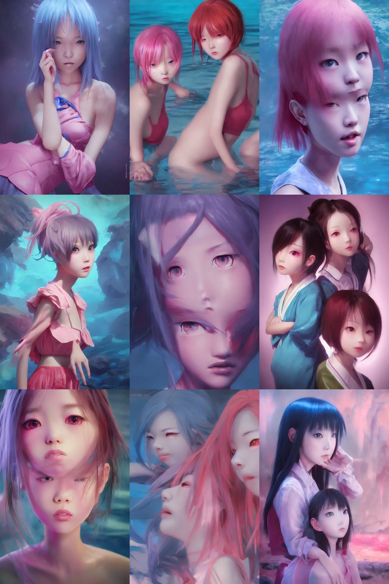 Image similar to 3d dark infrared octane render concept art by D. Jun, by Mo Xiang Tong Xiu, by Igarashi Daisuke, beauty portrait anime schoolgirls under dark pink and blue water. cute face. dramatic light, trending on artstation, oil painting.