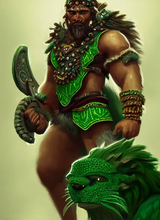 Image similar to a highly detailed illustration of fierce young aztec boy wearing green mane, heroic roaring wielding aztec club pose, muscular, intricate, elegant, highly detailed, centered, digital painting, artstation, concept art, smooth, sharp focus, league of legends concept art, wlop