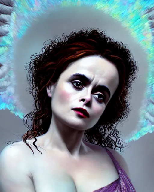 Prompt: Fullbody potrait of Helena Bonham Carter as an angel, hyper realistic, prismatic highlights, atmosphere, gorgeous, depth of field, cinematic, macro, concept art, 50mm, artstation, wlop, elegant, epic, weta digital, focus, octane render, v-ray, 8k, kodak portra, art by Liberatore