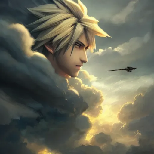 Image similar to thundercloud with a cloud strife's face on it, face only, no body, trending on artstation, high contrast, highly detailed, epic, 4 k, artstation, greg rutkowski, makoto shinkai, beautiful sky