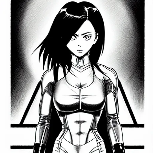 Image similar to alita by yukito kishiro. medium shot. black and white manga. pencil drawing.