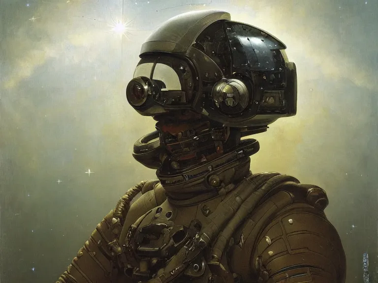 Image similar to a detailed profile oil painting of a soldier in a spacesuit with reflective helmet, advanced technology flight suit, portrait symmetrical and science fiction theme with aurora lighting clouds and stars by beksinski carl spitzweg and tuomas korpi. baroque elements, full-length view. baroque element. intricate artwork by caravaggio. Trending on artstation. 8k