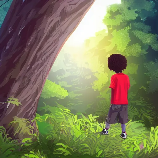 Image similar to a small small boy peeking behind a tree in a forest. The boy is watching two other boys with dreadlocks hair who are hiking, digital art, extra-detailed