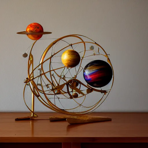 Image similar to a kinetic sculpture of this solar system, sun, orrery, canon 5 d 5 0 mm lens, papier - mache, studio, circa 2 0 2 5