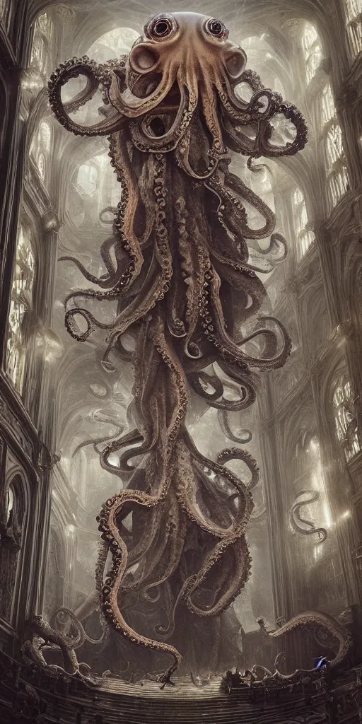 Image similar to group of mankind species mages with enormous translucent octopus heads floating around inside an ancient mage castle hall colossal scale, gothic and baroque, brutalist architecture, ultradetailed, intricate details by Ellen Jewett and Ayami Kojima