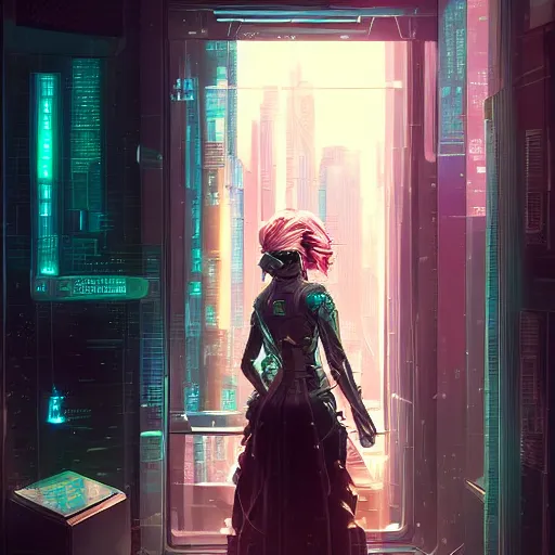 Image similar to art by rossdraws, portrait of cyberpunk woman looking out of a window, cyberpunk setting, futuristic, highly detailed, intricate lighting, digital painting, sharp focus, illustration, trending on artstation.