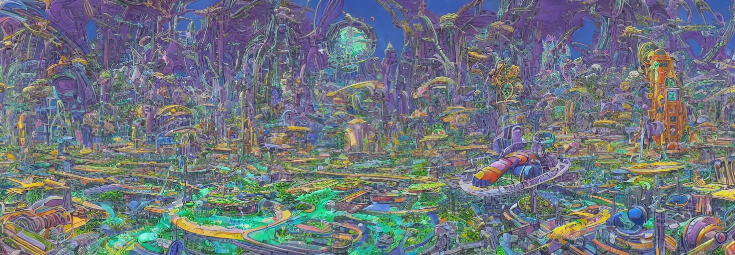 Image similar to beautiful landscape mural of a great advanced futuristic city in an alien planet, futuristic landscape, vivid colors, intricate, highly detailed, masterful, fantasy world, in the style of moebius, akira toriyama, jean giraud, 8 k, crystal clear illustration,