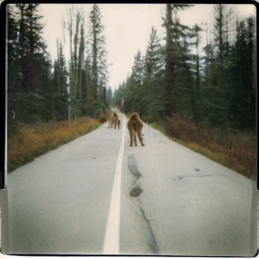 Image similar to a polaroid of Sasquatch crossing a road