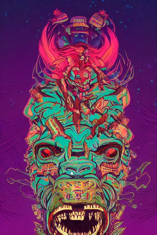 Image similar to totem animal tribal chaman vodoo mask feather gemstone plant video game illustration vivid color borderlands by josan gonzales and dan mumford radiating a glowing aura