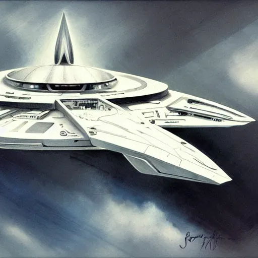 Image similar to design only, white background, symmetry, starship enterprise, by jean - baptiste monge