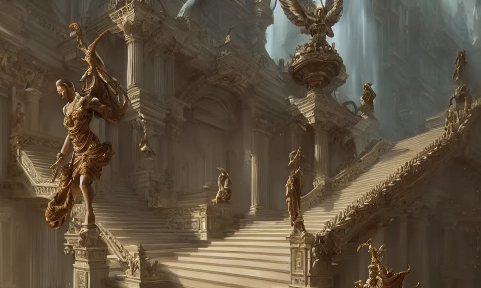 Image similar to straight staircase with ornate statues to heaven, art by greg rutkowski and peter mohrbacher, featured in artstation, octane render, cinematic, elegant, intricate, ultra detailed, rule of thirds, professional lighting, unreal engine, fantasy, concept art, sharp focus, illustration, 8 k