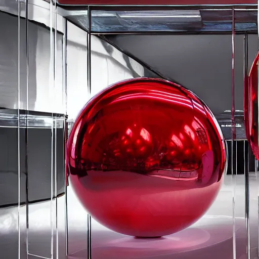 Prompt: chrome spheres on a red cube by gustave baumann