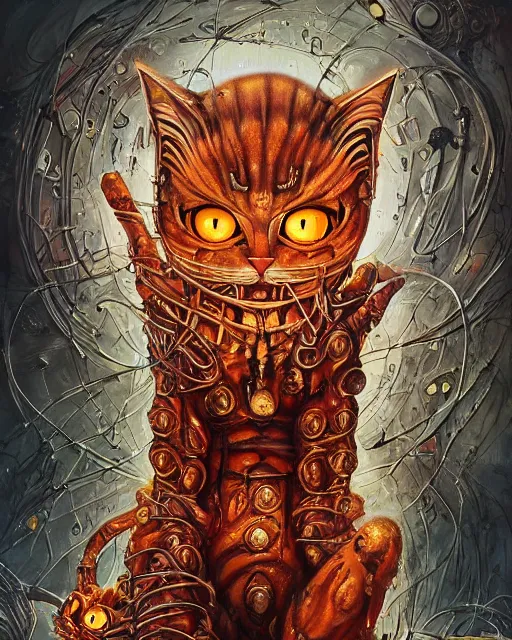 Image similar to bloody fleshmetal cyborg garfield cat, by antonio j. manzanedo, giger, alex grey, android jones, wayne barlowe, philippe druillet, raymond swanland, cyril rolando, josephine wall, harumi hironaka, trending on artstation