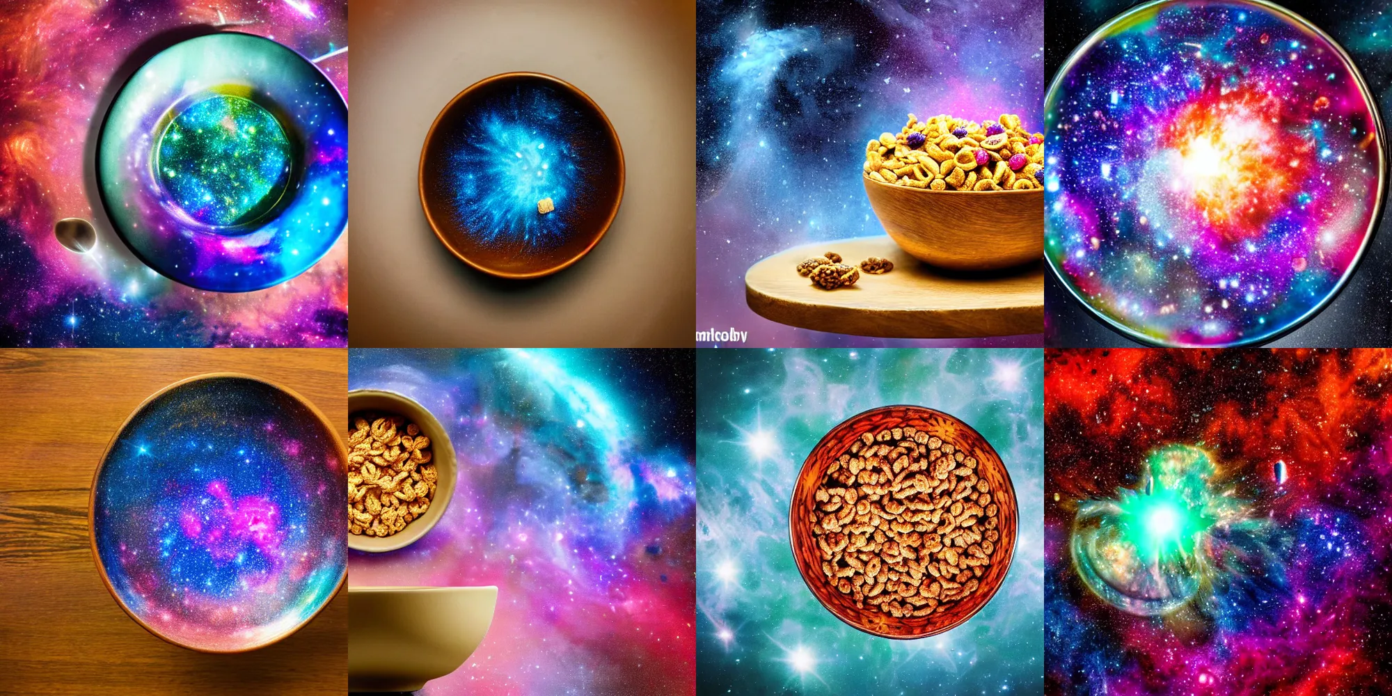 Prompt: a picture of a cereal bowl on a table with a nebula inside, highly intricate and colorful, nebula, galaxy, hd, 4 k