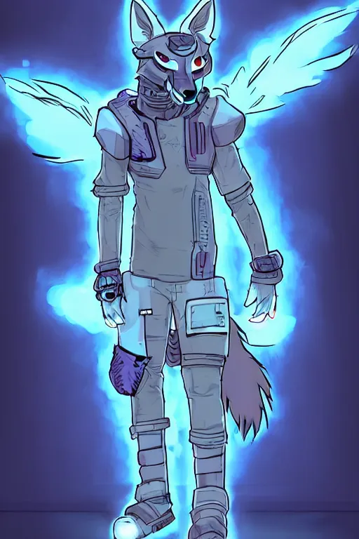 Image similar to a cyberpunk anthropomorphic wolf with a fluffy tail, comic art, trending on furaffinity, cartoon, kawaii, backlighting, furry art!!!, neon, concept art