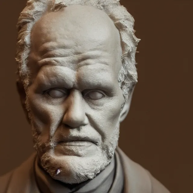 Image similar to photography of a sculpture of Arthur Schopenhauer made of clay by Sebastian Kruger and Michelangelo, 50mm, studio atmosphere, 8K, rim light, octane render, ultra-realistic