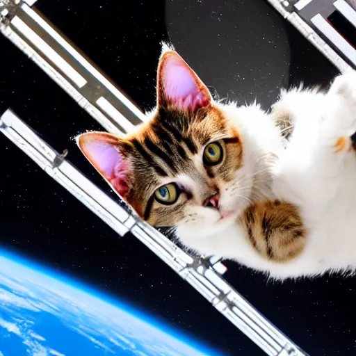 Image similar to Photo of a cat floating inside the ISS, realistic award-winning