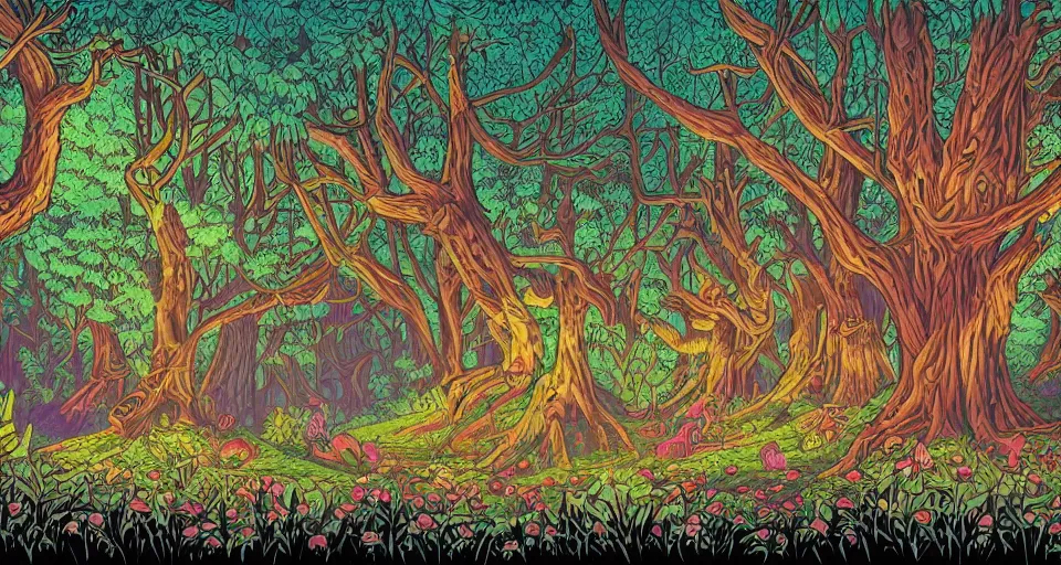 Image similar to Enchanted and magic forest, by Dan mumford,