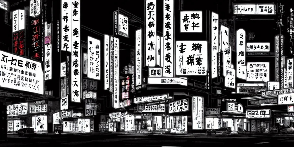 Image similar to Noir Cyberpunk Tokyo with neon signs in Japanese in Monochrome. Symbolism, Detailed Art, 8K, Epic, Dynamic Light.