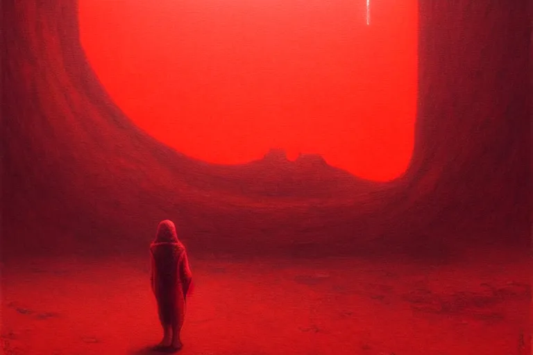 Prompt: only with red, a red shinigami eat apple, a city on mars in background, an ancient path, pathos, in the style of beksinski, part by hopper, part by rodcenko, part by hofbauer, intricate composition, red by caravaggio, insanely quality, highly detailed, masterpiece, red light, artstation