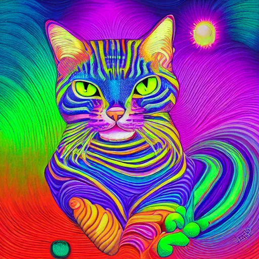 Prompt: a digital painting peaceful contempt cat wondering about life, green forest and roots in the background, alex grey, lisa frank, colorful, vibrant,