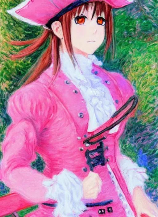 Image similar to a portrait of a female pirate, pink uniform, very anime in impressionist style, anime trending artwork, anime painter studio, by claude monet