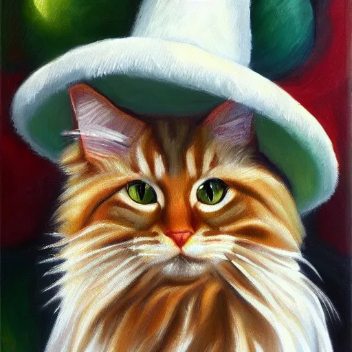Prompt: Portrait Oil Painting, Ginger Ginger Ginger Maine-Coon with a white white white beard wearing a sombrero sombrero sombrero sombrero sombrero