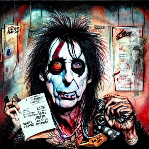 Prompt: graphic illustration, creative design, alice cooper, biopunk, francis bacon, highly detailed, hunter s thompson, concept art, mixed media