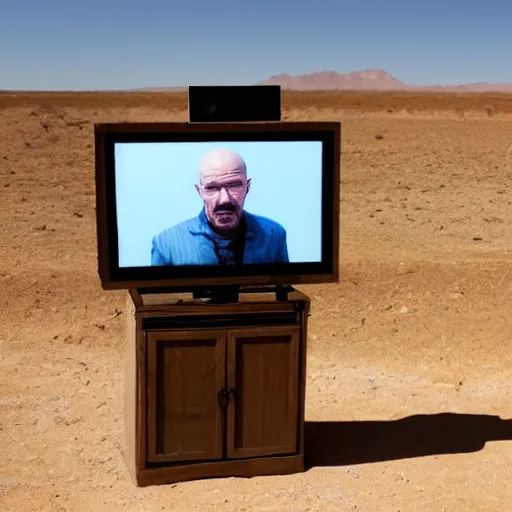 Image similar to walter white looking at a tv screen in the desert