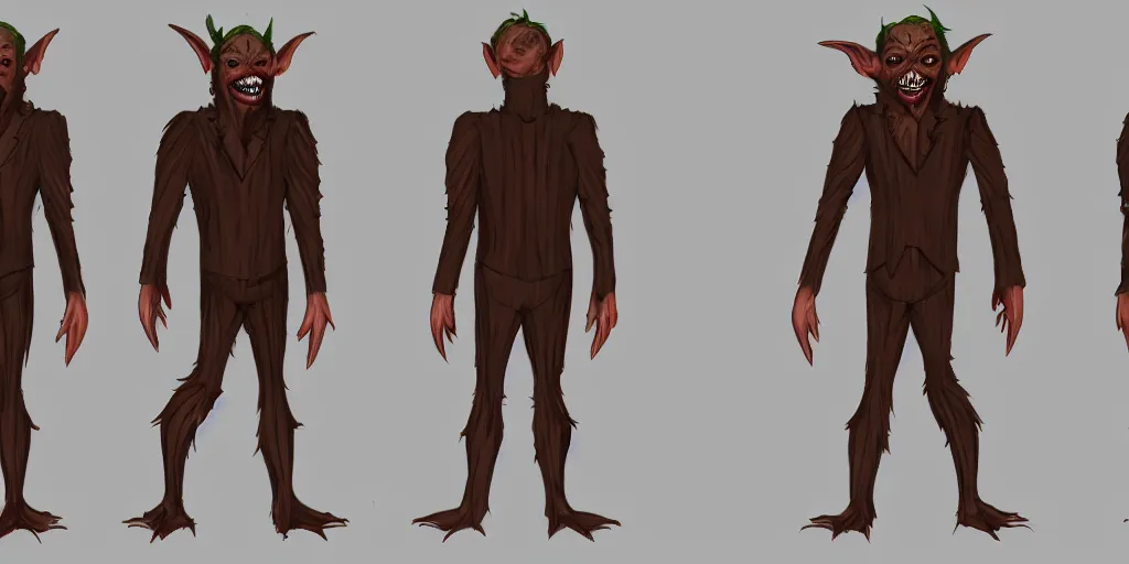 Image similar to Full body goblin, ripped suit, grinning, smile, concept sheet