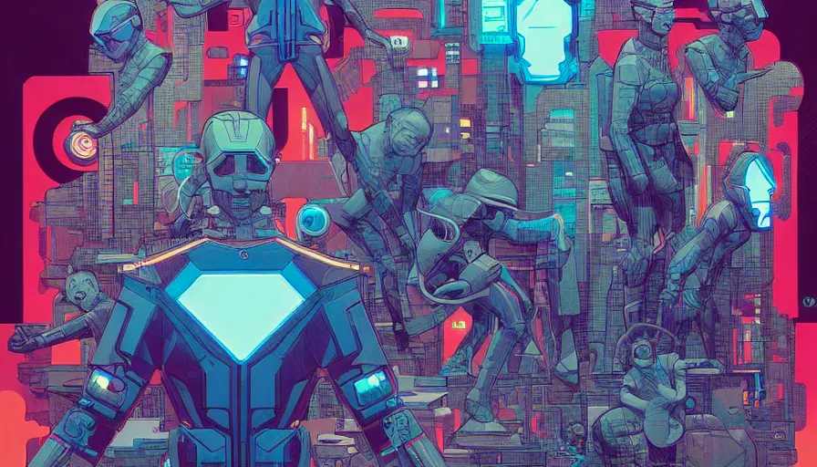 Prompt: the origine of cybertimes, metahumans, fractals, cyberpunk, visual development by james jean and josan gonzales, dynamic lighting