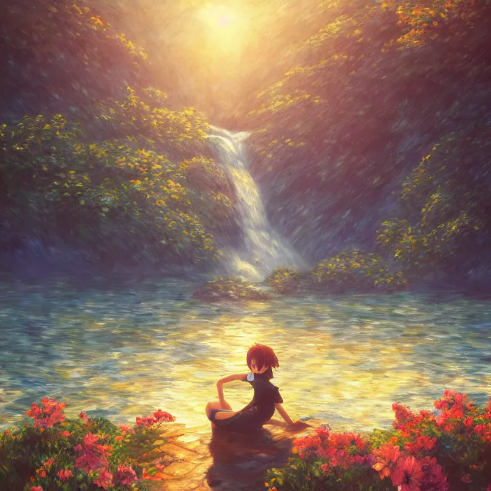 Image similar to an epic makoto shinkai and renoir landscape with a beautiful brown haired woman playing a guitar in front of hawaiian waterfall, golden hour, 🌺, ultra smooth, lois van baarle, ilya kuvshinov, unreal engine, blender, trending on artstation, suntur, caleb worcester, highly detailed, photorealism, bloom effect 8 k