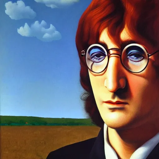 Image similar to painting of a young john lennon by rene magritte, hd, 4 k, detailed, award winning