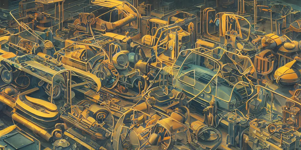 Prompt: collection of exploration of form and shapes, props, hard surface, panel, simon stalenhag, kitbash, items, gadget, big medium small, close up, vehicles, futuristic, parts, machinery, greebles, insanely detailed, case, hardware, golden ratio, wes anderson color scheme, in watercolor gouache detailed paintings